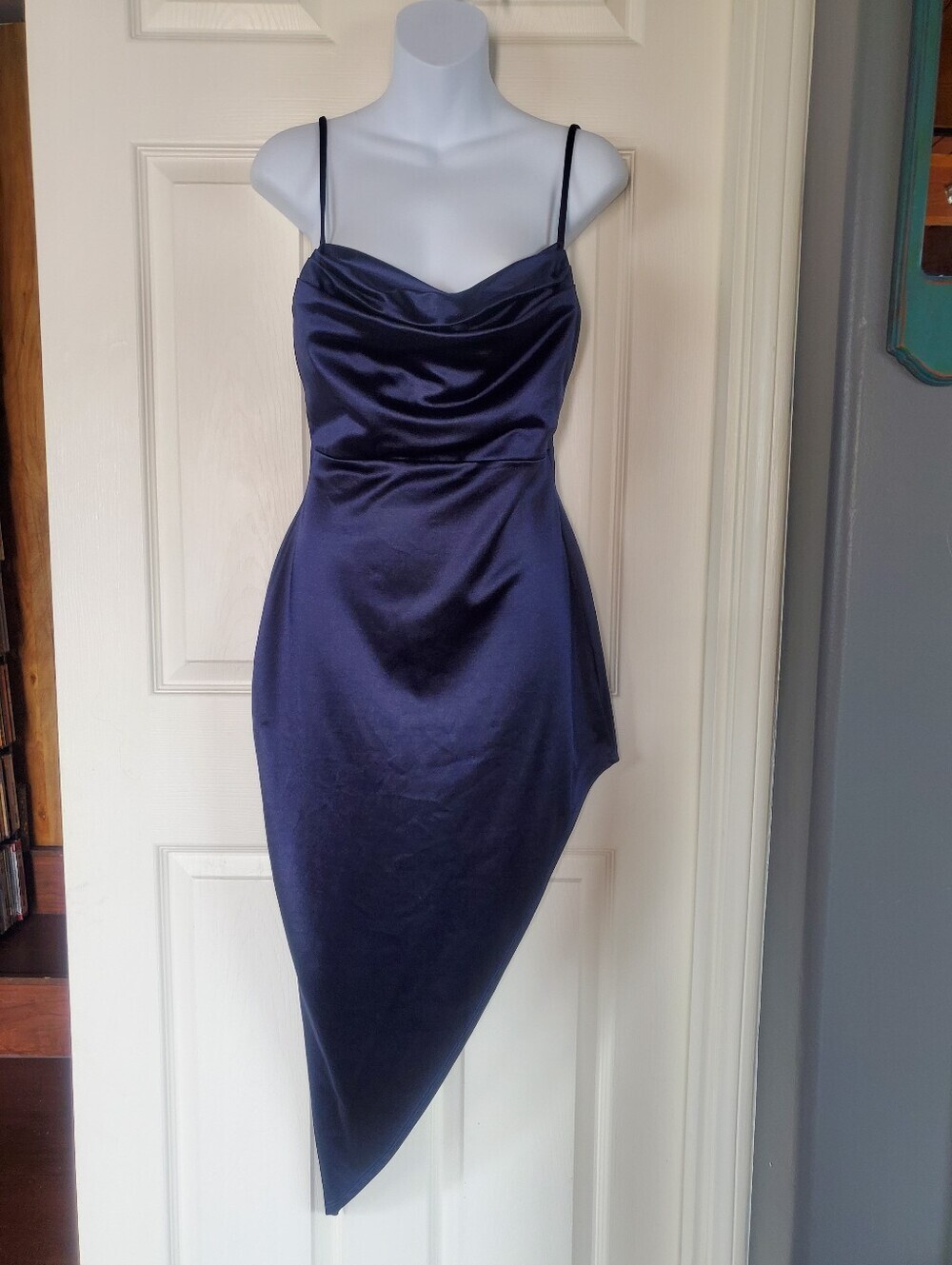 Windsor Navy Satin Asymmetrical Slip Dress Reing The Nigth Strappy Prom Sexi Med